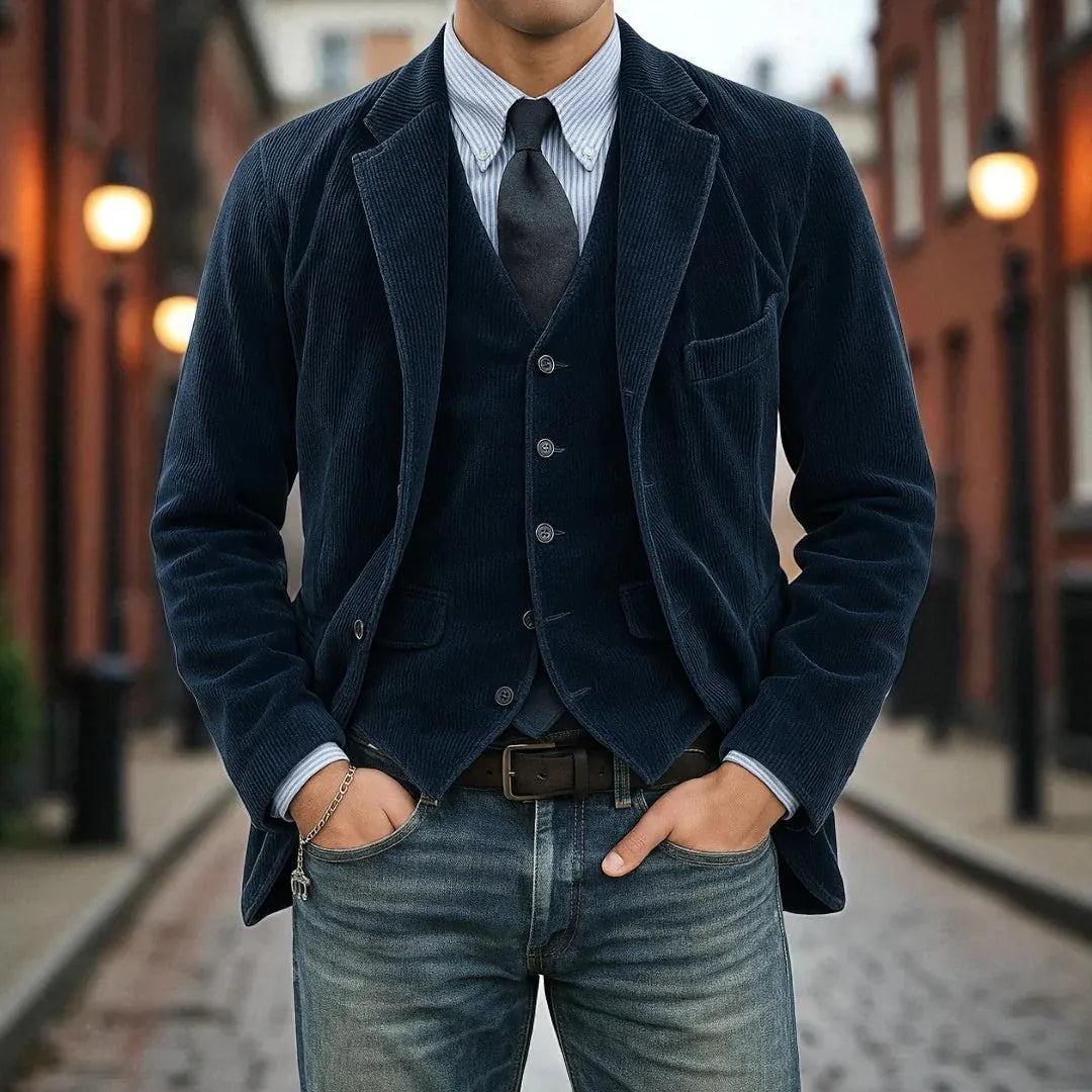 Blue Men's Classic Blazer in Ribbed Corduroy with Layered Vest & Notched Lapel — Jack - Outdoor Front