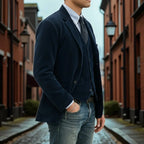Blue Men's Classic Blazer in Ribbed Corduroy with Layered Vest & Notched Lapel — Jack - Outdoor Side