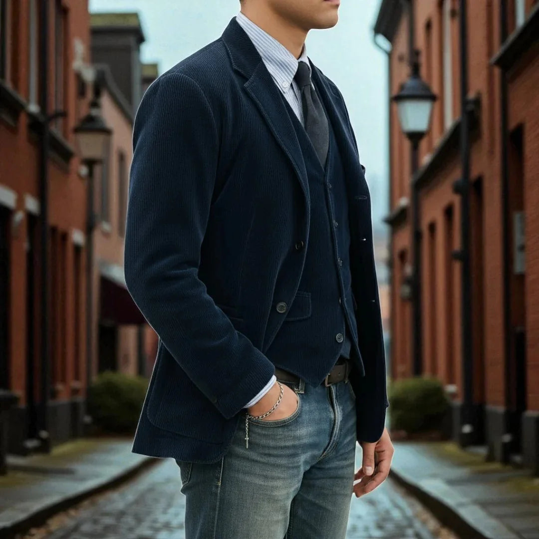 Blue Men's Classic Blazer in Ribbed Corduroy with Layered Vest & Notched Lapel — Jack - Outdoor Side