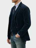 Blue Men's Classic Blazer in Ribbed Corduroy with Layered Vest & Notched Lapel — Jack - Side Pose