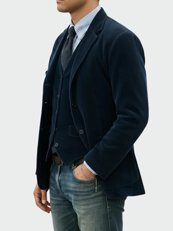 Blue Men's Classic Blazer in Ribbed Corduroy with Layered Vest & Notched Lapel — Jack - Side Pose