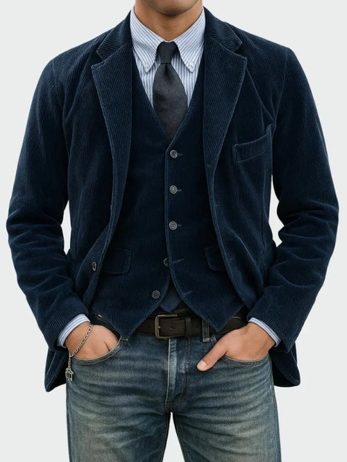 Blue Men's Classic Blazer in Ribbed Corduroy with Layered Vest & Notched Lapel — Jack