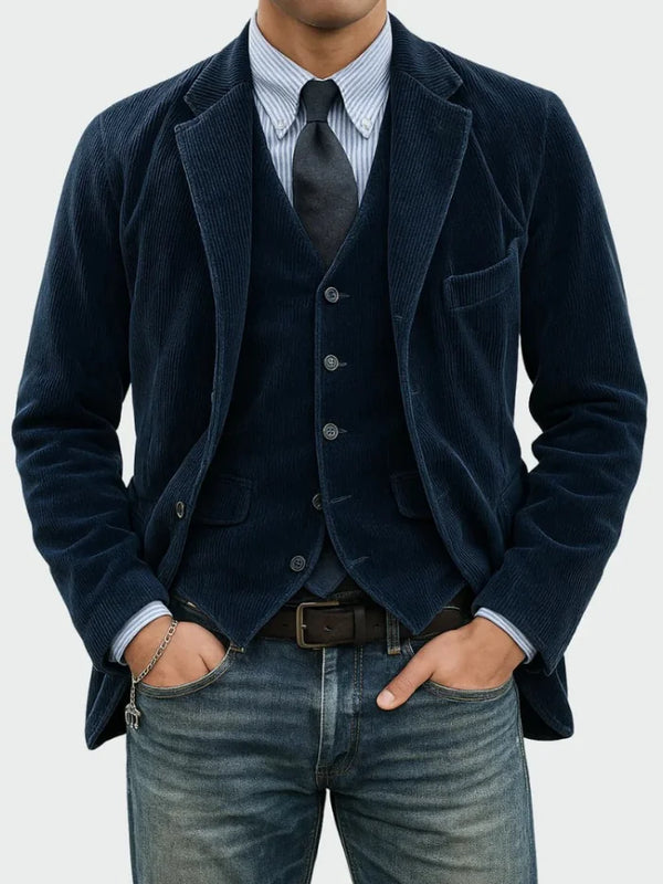 Blue Men's Classic Blazer in Ribbed Corduroy with Layered Vest & Notched Lapel — Jack