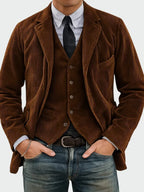 Brown Men's Classic Blazer in Ribbed Corduroy with Layered Vest & Notched Lapel — Jack