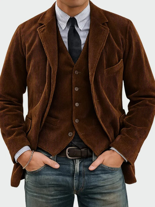 Brown Men's Classic Blazer in Ribbed Corduroy with Layered Vest & Notched Lapel — Jack