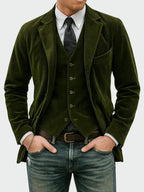 Green Men's Classic Blazer in Ribbed Corduroy with Layered Vest & Notched Lapel — Jack