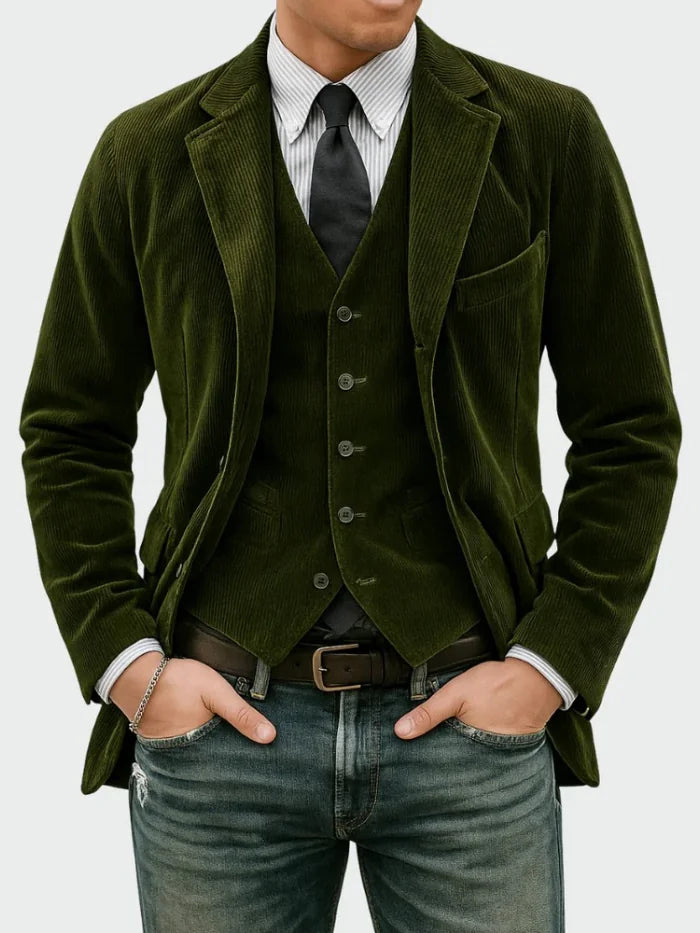 Green Men's Classic Blazer in Ribbed Corduroy with Layered Vest & Notched Lapel — Jack