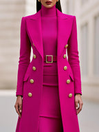 Rose Red Women's Coat Dress Set with Double-Breasted Coat & Belted Knit Dress - Close Up Buttons