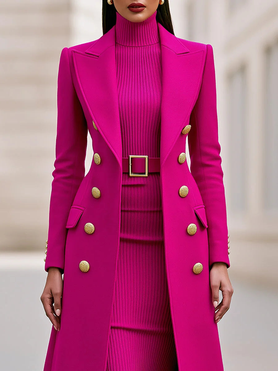 Rose Red Women's Coat Dress Set with Double-Breasted Coat & Belted Knit Dress - Close Up Buttons