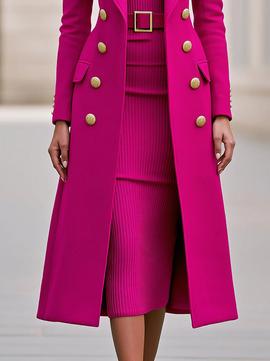 Rose Red Women's Coat Dress Set with Double-Breasted Coat & Belted Knit Dress - Close Up Hem
