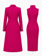 Rose Red Women's Coat Dress Set with Double-Breasted Coat & Belted Knit Dress - Flat Lay Back