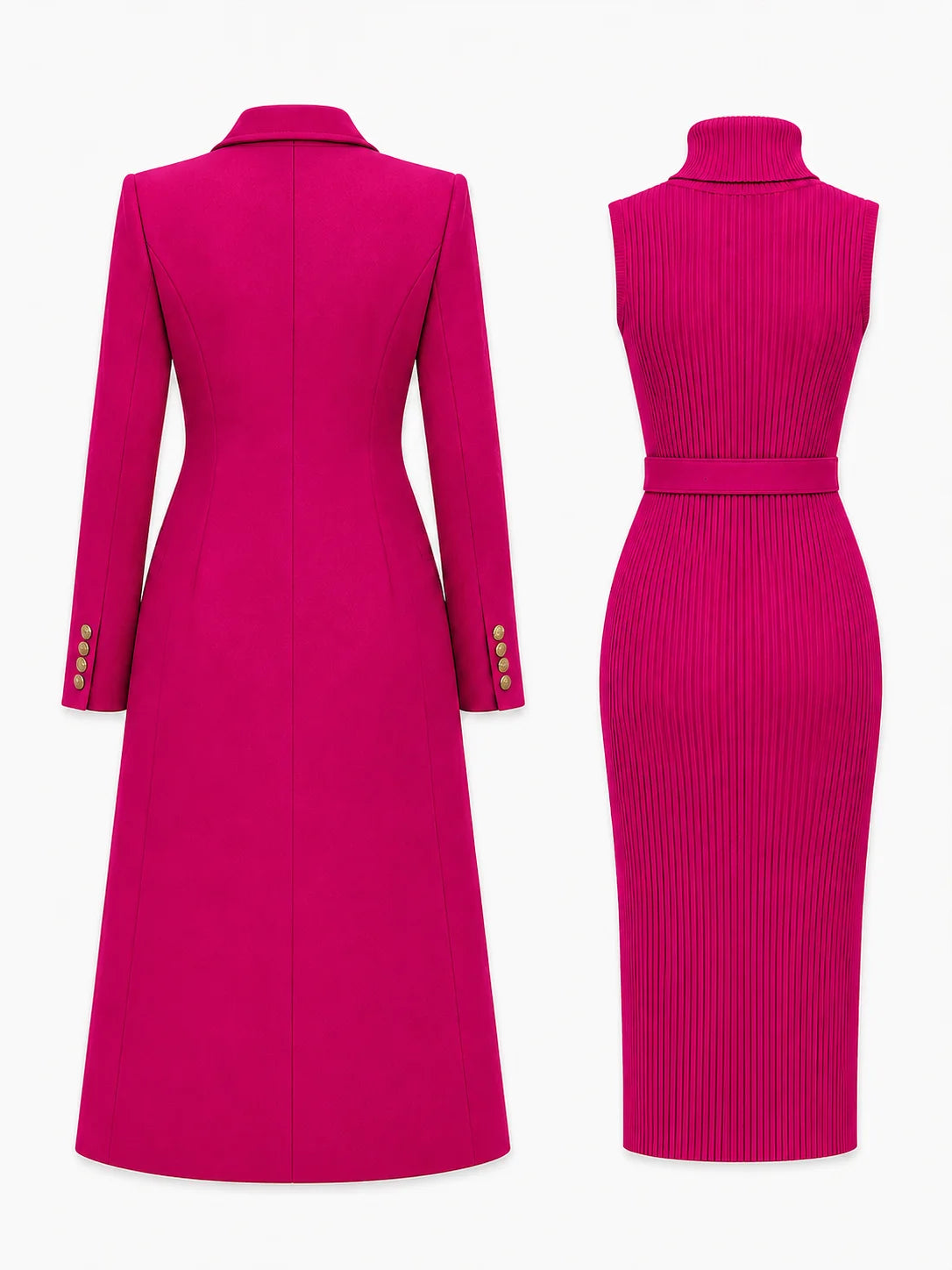 Rose Red Women's Coat Dress Set with Double-Breasted Coat & Belted Knit Dress - Flat Lay Back