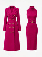Rose Red Women's Coat Dress Set with Double-Breasted Coat & Belted Knit Dress - Flat Lay Front