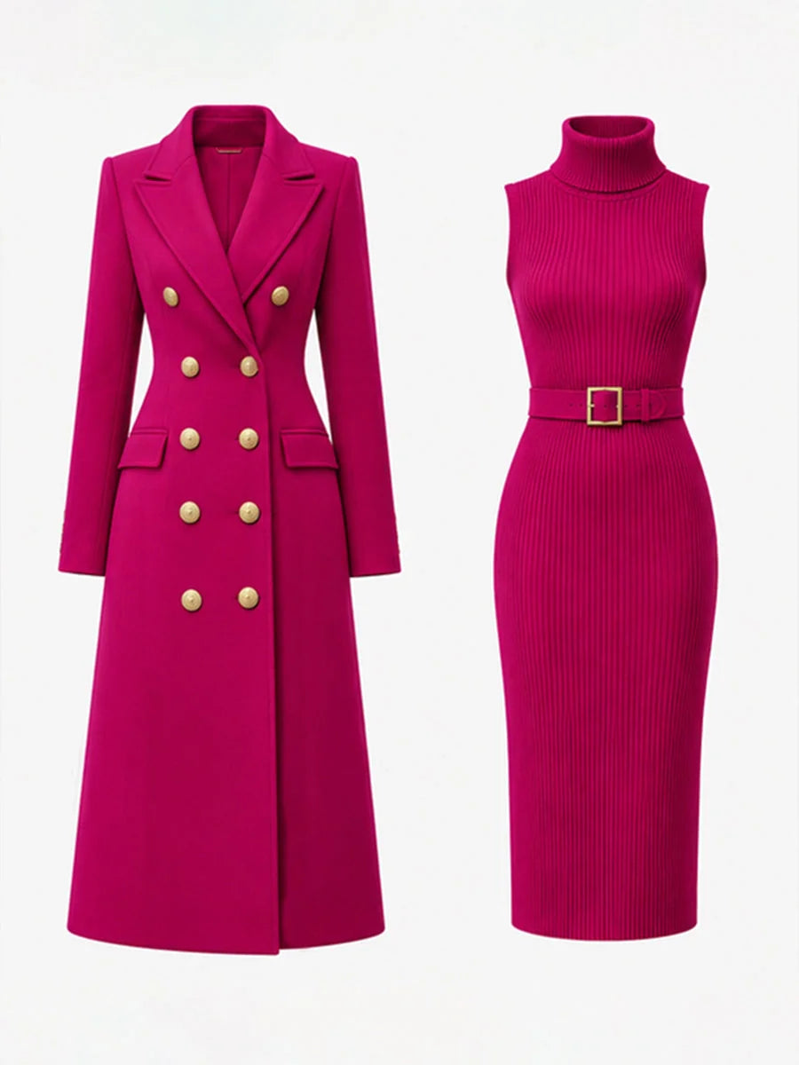 Rose Red Women's Coat Dress Set with Double-Breasted Coat & Belted Knit Dress - Flat Lay Front