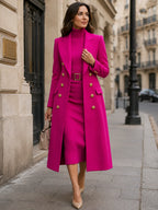 Rose Red Women's Coat Dress Set with Double-Breasted Coat & Belted Knit Dress - Front Full Walking