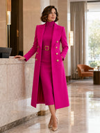 Rose Red Women's Coat Dress Set with Double-Breasted Coat & Belted Knit Dress - Indoor Walking