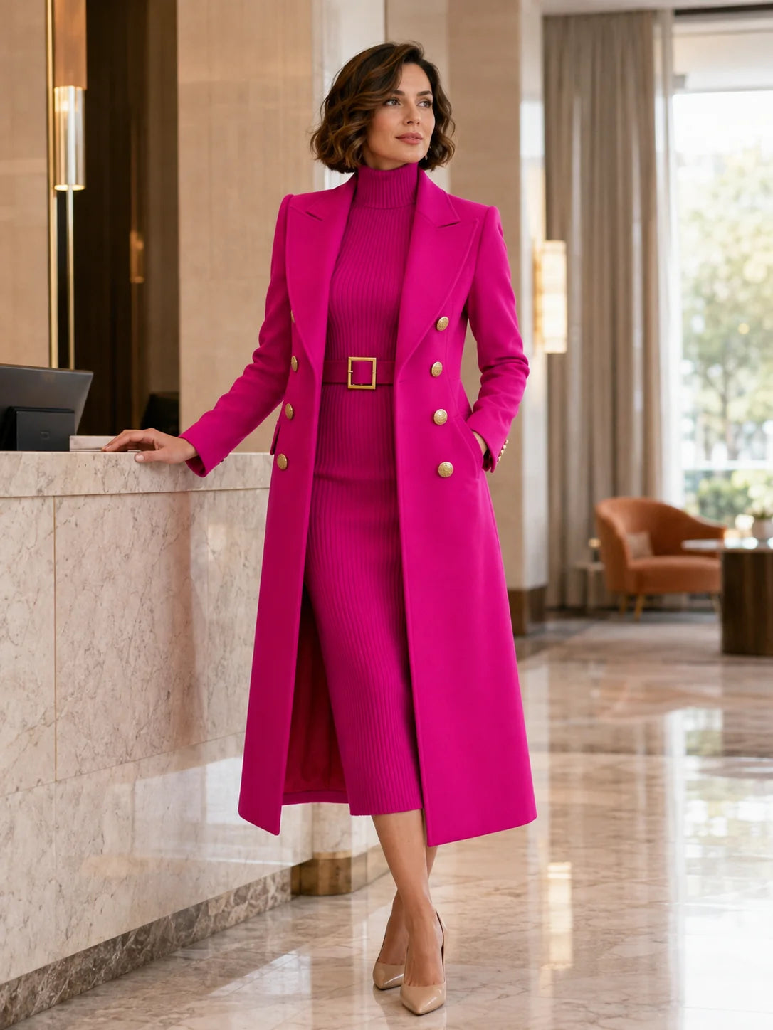 Rose Red Women's Coat Dress Set with Double-Breasted Coat & Belted Knit Dress - Indoor Walking