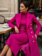 Rose Red Women's Coat Dress Set with Double-Breasted Coat & Belted Knit Dress - Seated Lifestyle