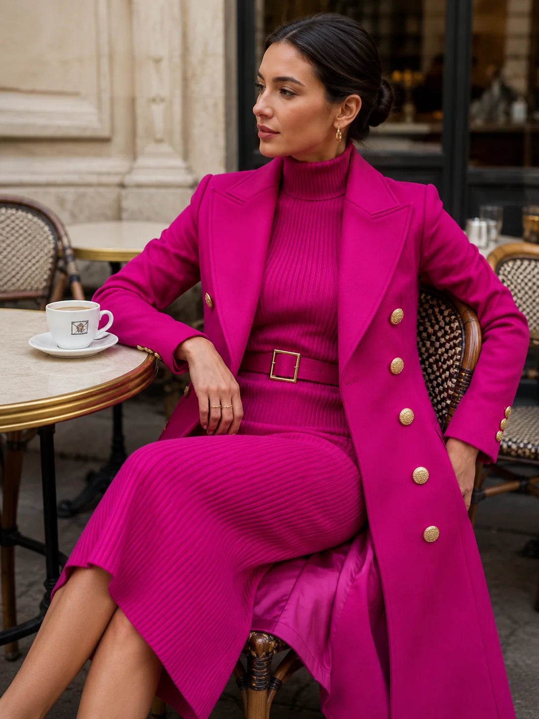 Rose Red Women's Coat Dress Set with Double-Breasted Coat & Belted Knit Dress - Seated Lifestyle