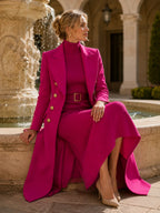 Rose Red Women's Coat Dress Set with Double-Breasted Coat & Belted Knit Dress - Seated Outdoor