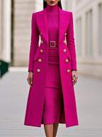 Rose Red Women's Coat Dress Set with Double-Breasted Coat & Belted Knit Dress