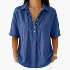 Blue Women's Collared Blouse with Relaxed Fit & Short Sleeves — Georgia - Studio Pose