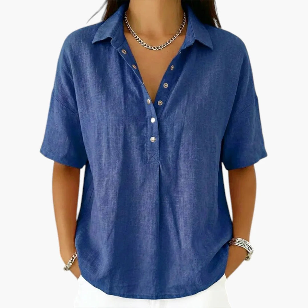 Blue Women's Collared Blouse with Relaxed Fit & Short Sleeves — Georgia - Studio Pose