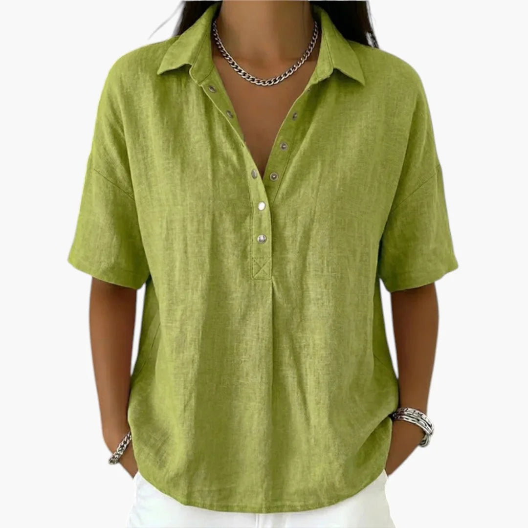 Green Women's Collared Blouse with Relaxed Fit & Short Sleeves — Georgia - Front View