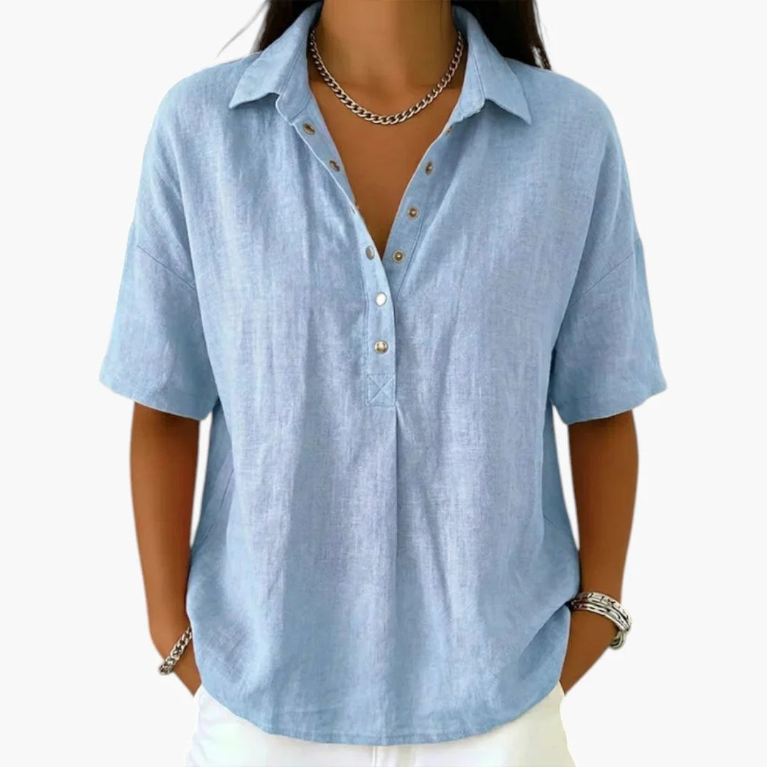 Light Blue Women's Collared Blouse with Relaxed Fit & Short Sleeves — Georgia - Front Detail