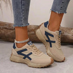 Beige Blue Women's Comfort Sneakers with Lace-Up Closure & Cushioned Sole - Walking Pose
