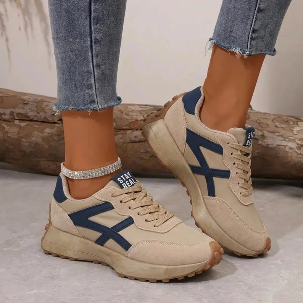 Beige Blue Women's Comfort Sneakers with Lace-Up Closure & Cushioned Sole - Walking Pose