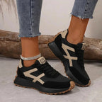 Black Women's Comfort Sneakers with Lace-Up Closure & Cushioned Sole - Beige Side Pose Outdoor