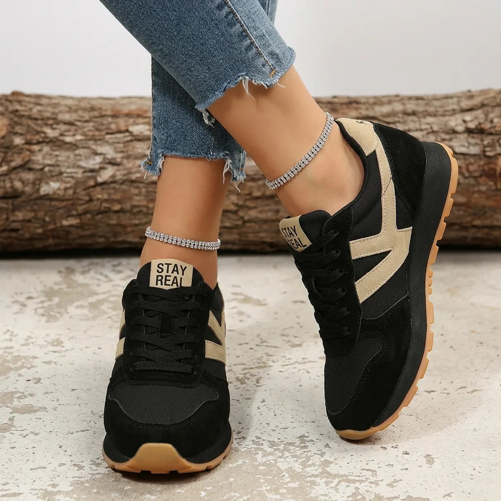 Black Women's Comfort Sneakers with Lace-Up Closure & Cushioned Sole — Gloria - Front Crossed Pose