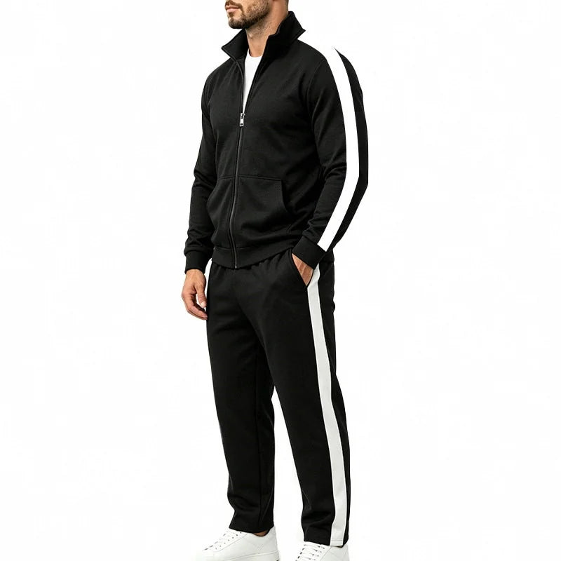 Black Men's Tracksuit Set with Zip-Front Jacket & Contrast-Stripe Jogging Pants