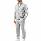 Light Gray Men's Tracksuit Set with Zip-Front Jacket & Contrast-Stripe Jogging Pants — Alfie - Side Angle View
