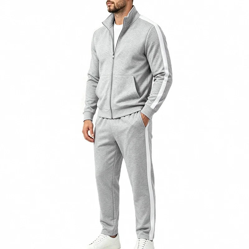 Light Gray Men's Tracksuit Set with Zip-Front Jacket & Contrast-Stripe Jogging Pants — Alfie - Side Angle View