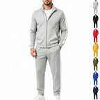 Light Gray Men's Tracksuit Set with Zip-Front Jacket & Contrast-Stripe Jogging Pants - Studio Front Full