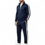 Navy Blue Men's Tracksuit Set with Zip-Front Jacket & Contrast-Stripe Jogging Pants — Alfie - Side Angle Stance