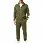 Olive Green Men's Tracksuit Set with Zip-Front Jacket & Contrast-Stripe Jogging Pants - Studio Front Look