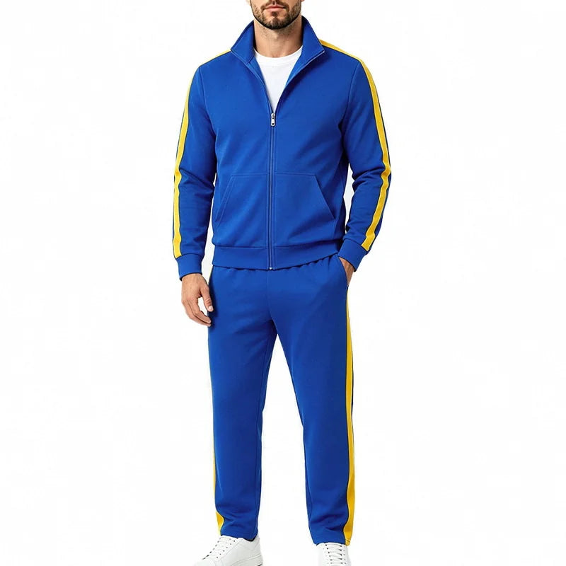 Royal blue Men's Tracksuit Set with Zip-Front Jacket & Contrast-Stripe Jogging Pants - Studio Front Pose