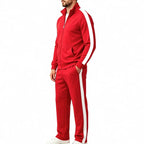 Men's Tracksuit Set with Zip-Front Jacket & Contrast-Stripe Jogging Pants - Red