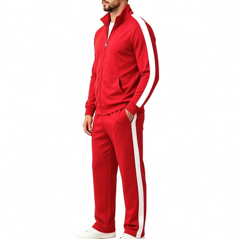 Men's Tracksuit Set with Zip-Front Jacket & Contrast-Stripe Jogging Pants - Red