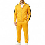 Yellow Men's Tracksuit Set with Zip-Front Jacket & Contrast-Stripe Jogging Pants - Studio Front View