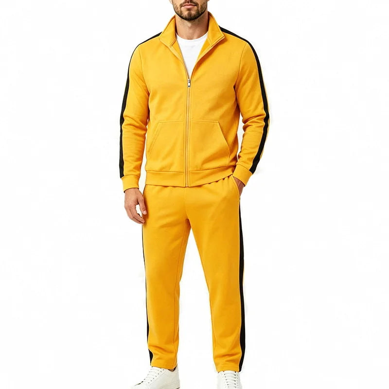 Yellow Men's Tracksuit Set with Zip-Front Jacket & Contrast-Stripe Jogging Pants - Studio Front View