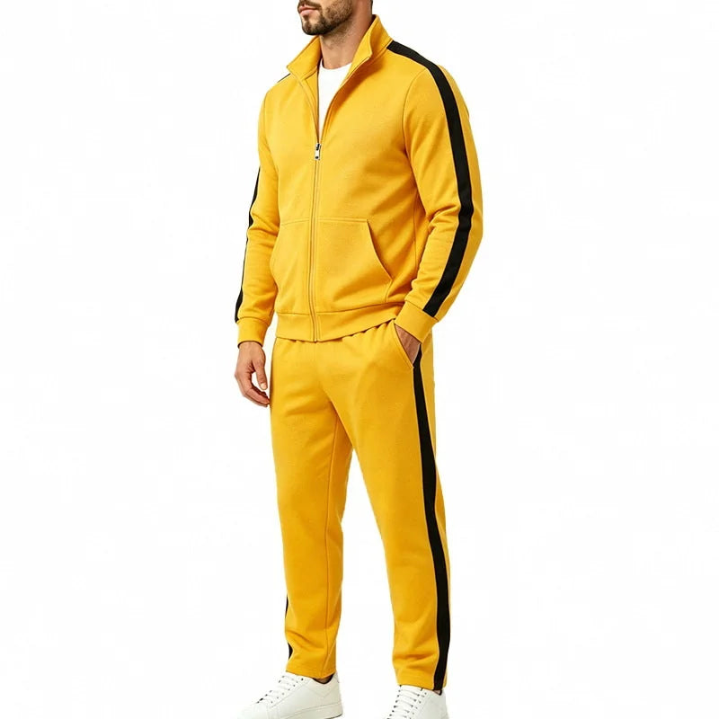 Yellow Men's Tracksuit Set with Zip-Front Jacket & Contrast-Stripe Jogging Pants — Alfie