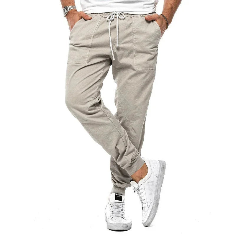 Beige Men's Cotton Casual Pants with Drawstring & Cuffed Jogger Fit — Daniel