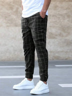 Black Men's Windowpane Plaid Trousers with Drawstring Waist & Tapered Fit