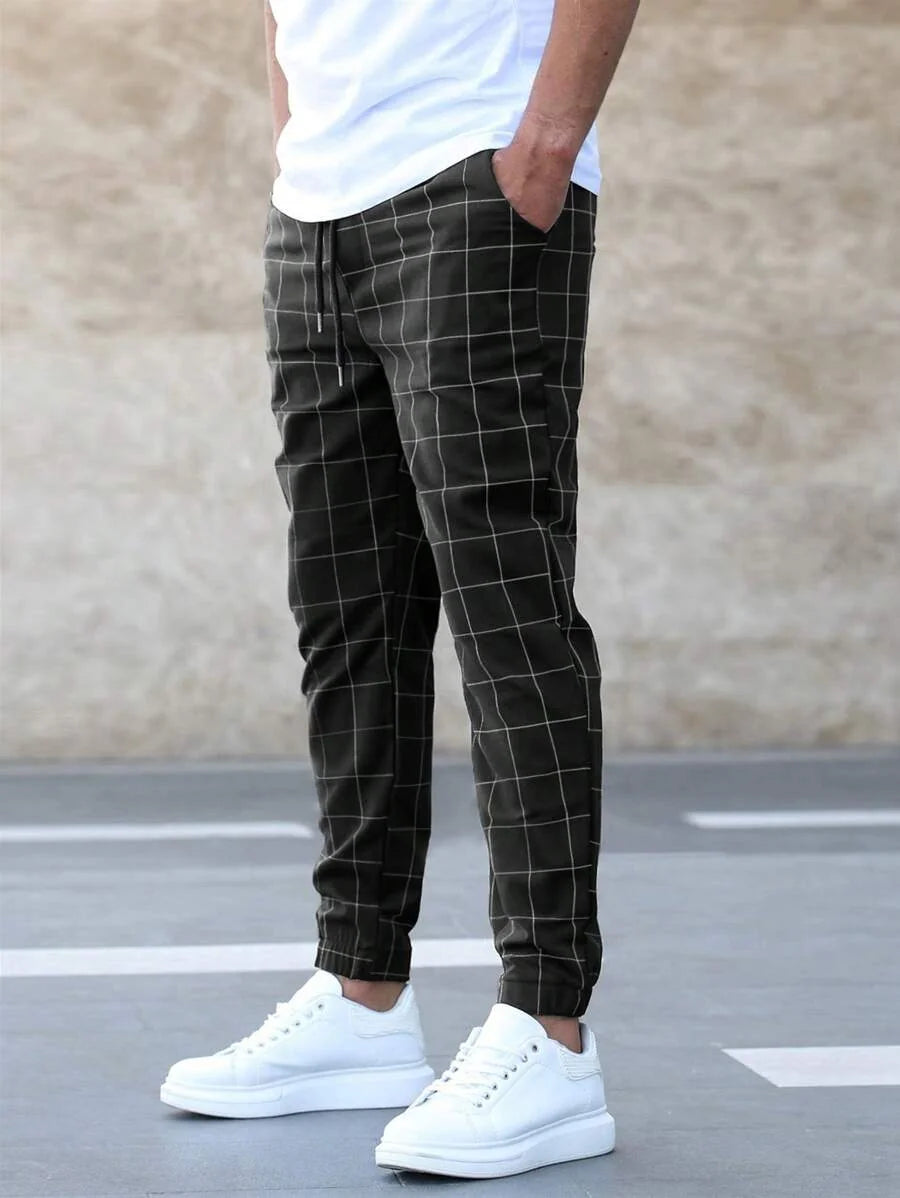Black Men's Windowpane Plaid Trousers with Drawstring Waist & Tapered Fit