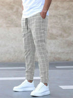 Light Grey Men's Windowpane Plaid Trousers with Drawstring Waist & Tapered Fit