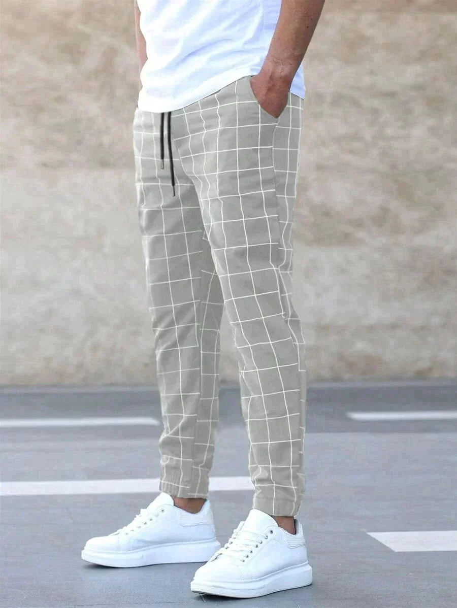 Light Grey Men's Windowpane Plaid Trousers with Drawstring Waist & Tapered Fit
